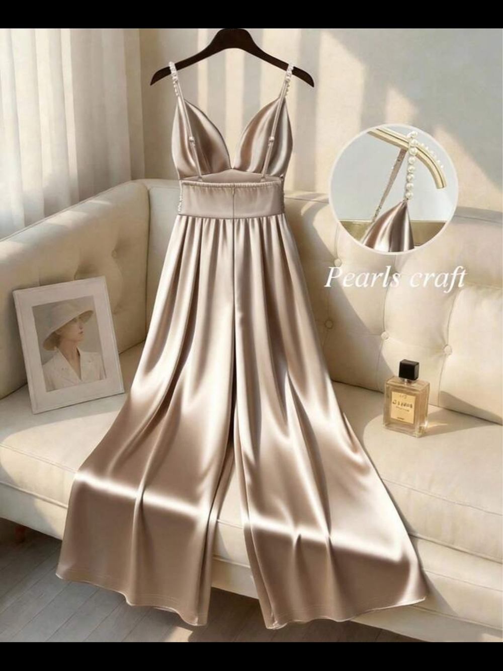 Pearl-strap Satin Jumpsuit in Champagne - Picture 2 of 4